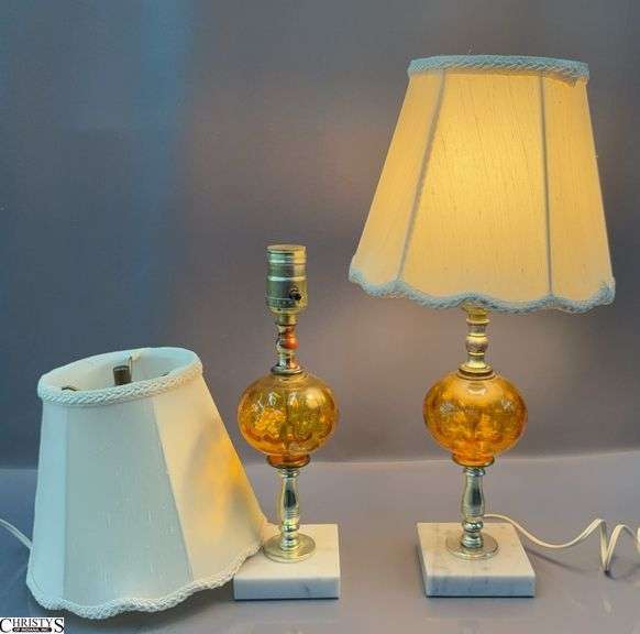 Mineral and Amber Glass Accent Pair of Table Lamps and Shades About 16" image