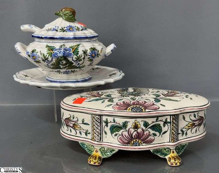 Hand Painted Italian Small Tureen and Ladle and Ceramic Lidded Box, Largest 9.5x6.25x3" image