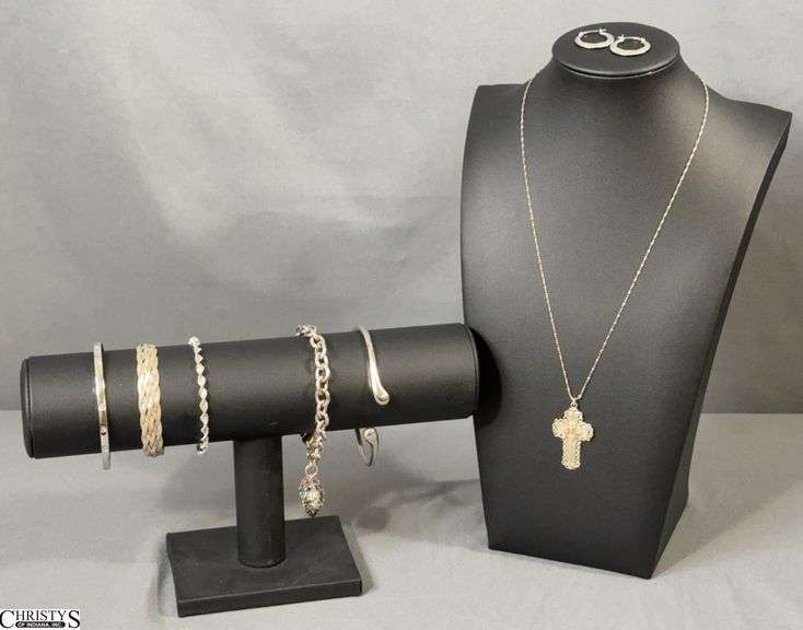 Sterling Silver Chain w/ Cross Pendant, Earrings, and 5 Bracelets - 18" of necklace chain image