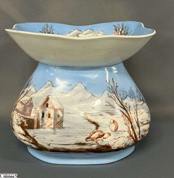 Bawo & Dotter Czech Hand Painted Porcelain Scenic Cuspidor Pot - 7" x 7" x 6" image