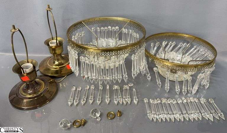 Pair of Art Deco Semi Flush Ceiling Light Fixtures With Prisms, 10" Diameter and 3.25" Drops image