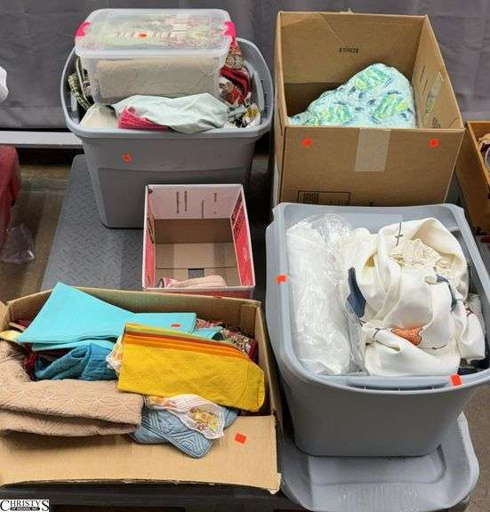 Boxes, Totes, With Kitchen Linens, Bedding, Curtains, Cloth Napkins, SKID NOT INCLUDED image