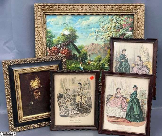 5 Framed Vintage Prints, "Man With The Golden Helmet" Largest "Italian View" Style 25x21" Frame Has Been Repaired and Is showing Age image