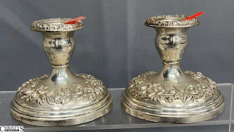 S. Kirk & Son Floral Repousse Sterling Cement Filled Candle Holders 4x3.5" Tall image