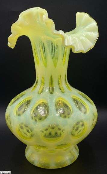 Fenton Glass UV Reactive Topaz Opalescent Coin Dot Vase - 10" image