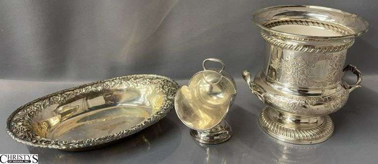 Silverplate Ice Bucket, Tray, Sugar Scuttle - 11" to tray - some wear image