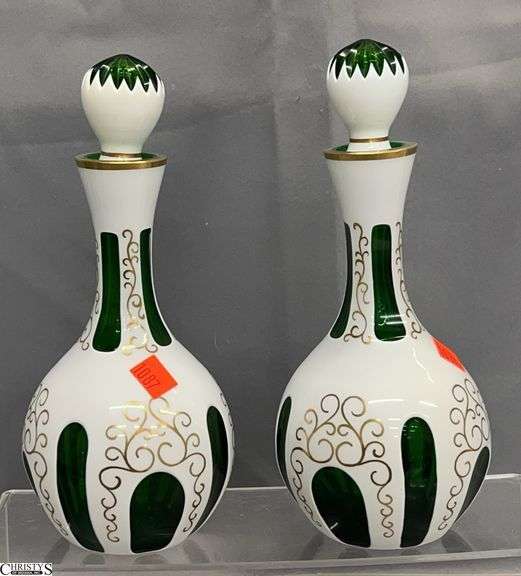 Pair of Bohemian Case Emerald Glass Decanters, Germany Irice Import Tag 10" image