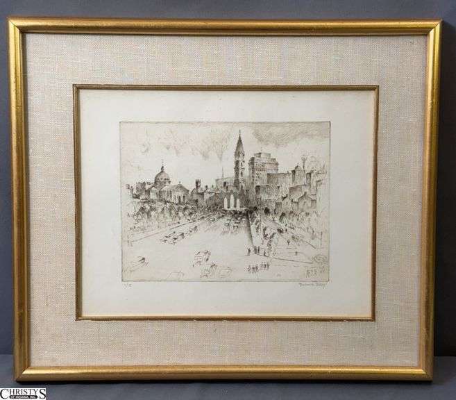 Frederick Polley Signed Indiana Artist Framed City Scene Etching 1 of 5 - 17" x 14.5 of frame image