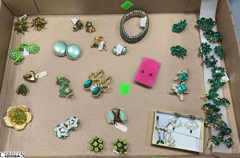 Emerald and Other Costume Earrings, Pins, Brooches, Bracelet image