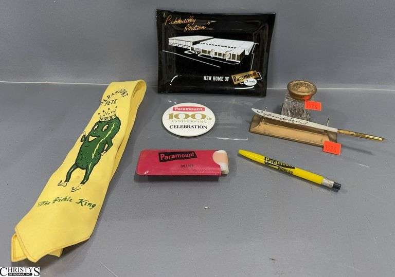 Indianapolis, IN MOP Fountain Pen, Small French Style Ink Well, Paramount Foods Advertising Tie and Ashtray - 7" of ashtray image