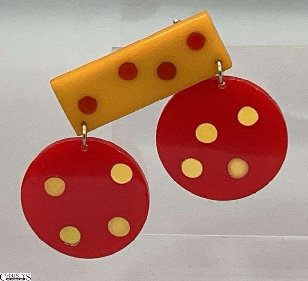Bakelite Polka Dot Pin Tomato Red, and Butterscotch 2.5"w by 2"t image