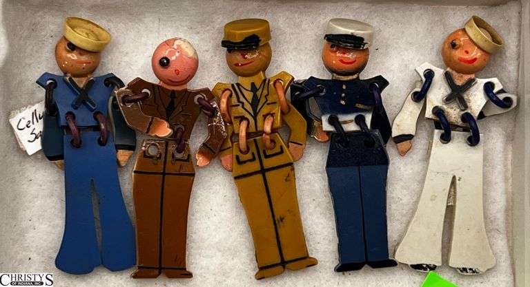 5 Vintage Sailors and Soldiers Articulated Brooches, 2.5" Marked Celluloid image