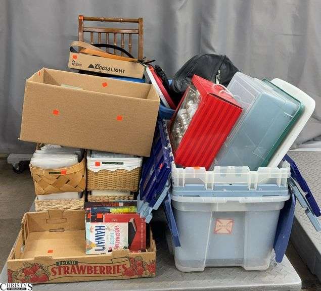 Skid of Storage Totes, Scrapbooking Supplies, Belts, Chair, Christmas Ornaments, Misc - SKID NOT INCLUDED image