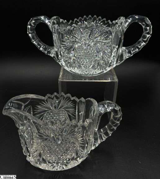 Fry American Brilliant Period Heart Pattern Cut Glass Cream and Sugar - 7" x 3" of creamer image