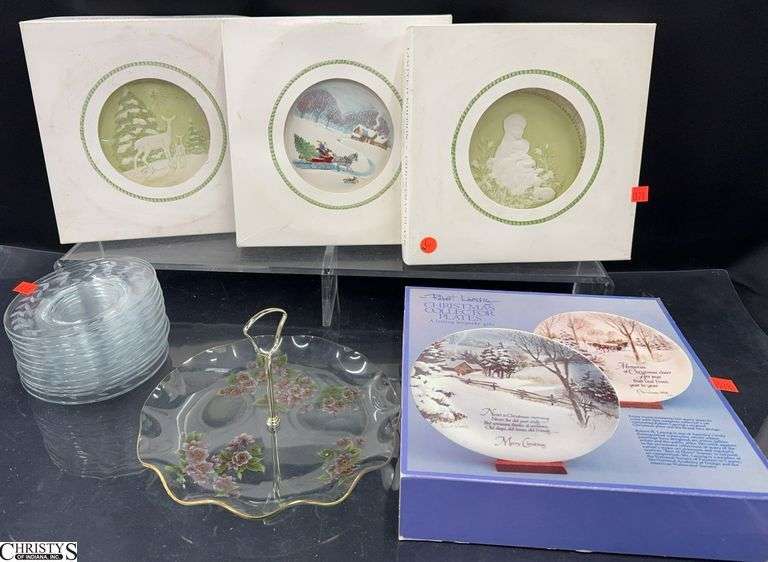 Vernonware and Robert Laessig Winter Collector Plates, Etched Glass Saucers, Floral Glass Tid Bit Tray - 9" approx of largest image