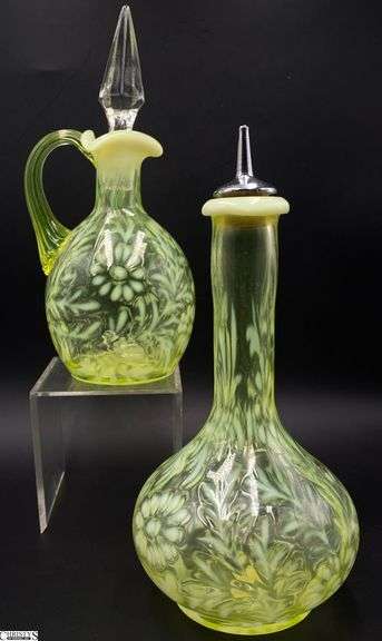 Fenton Glass UV Reactive Topaz Opalescent Daisy and Fern Cruet and Barber Bottle - 8.5" of tallest image