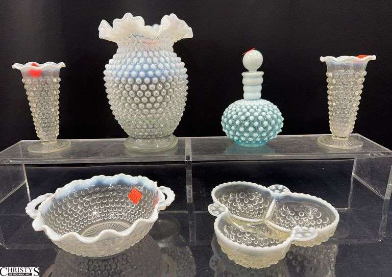 Hobnail Opalescent Clear Ruffle Edge Vases, Bowls, Aqua Bottle With Stopper, Vase Tallest 8" image