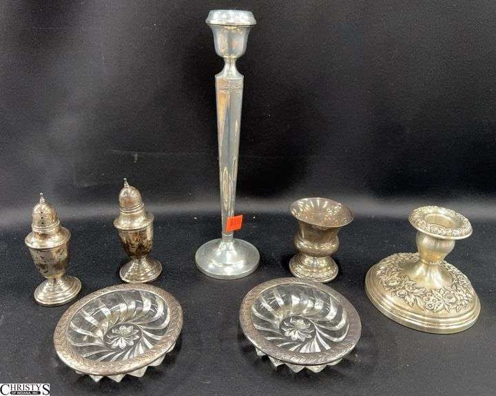 Sterling Silver Weighted and Rimmed Candlesticks, Coasters, Salt & Pepper, Toothpick - S. Kirk & Son, Crown, and Others - 10" of tallest image