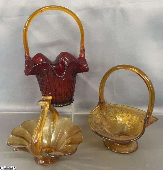 3 Art Glass and Pressed Glass Baskets - 10" of tallest - 1 appears slightly UV reactive image