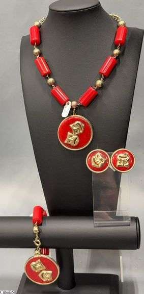 Bakelite Theater Comedy and Tragedy Mask Motif Bracelet, Earrings, and Necklace is 16" Long Overall image