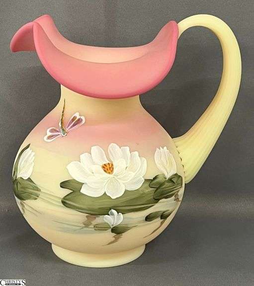 Signed Fenton Glass Hand Painted Water Lily Motif Pitcher 329 of 1450 - 8" image