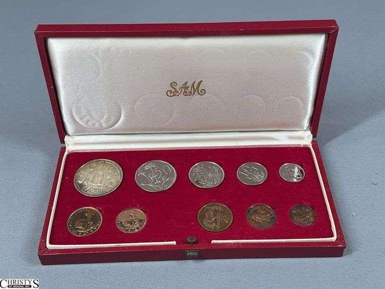 1974 Samoa / Western Samoa Official Proof 10 Piece Coin Set in It's Original Red Case with SAM (South African Mint) Embossed on the lining.  This set includes  One Gold 2 Rand Coin and One Gold 1 Rand Coin image