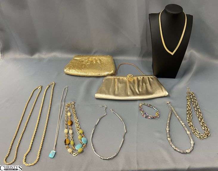 Ladies Gold Tone Costume Jewelry Necklaces and 2 Fashion Clutch Bags - 11" of largest bag image