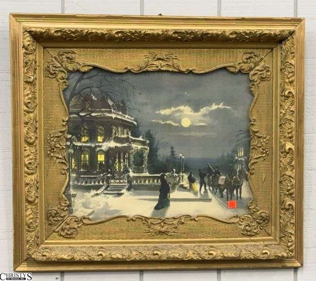 Vintage Chromolithograph of a Moonlit Winter Scene in Gold Frame, Some Chipping to Frame 29.5x25.5" image