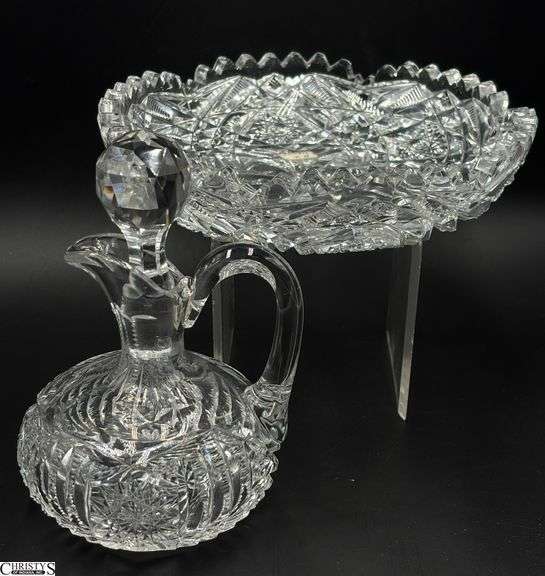 Libbey American Brilliant Period Cut Glass Dish and Cruet - 2pcs - 7" D of dish image