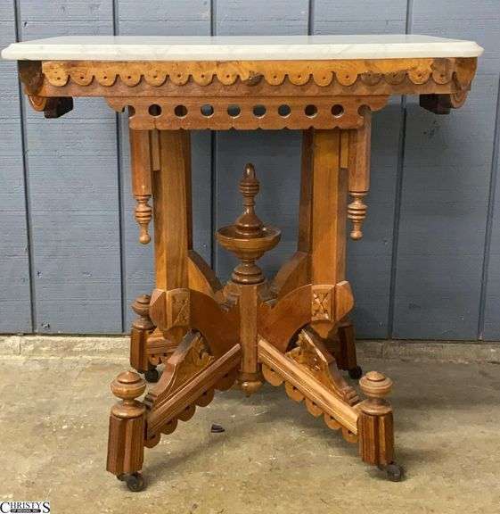 Victorian Eastlake Marble Top Burl Accent Parlor Table - 28" x 20" x 28" image