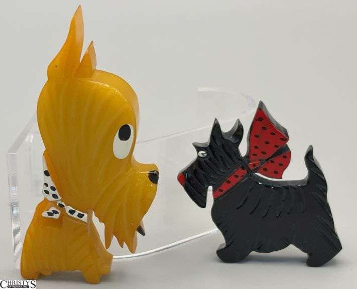 2 Vintage Signed Jim Foltz Scottie Dog Pins, Butterscotch 3" Tall image