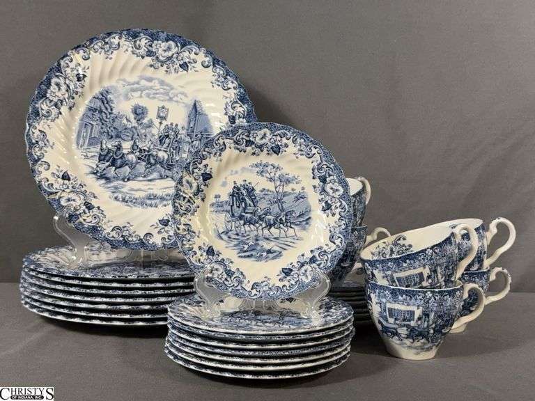 Johnson Bros "Coaching Scenes" Ironstone Dishes - 28pcs - 10" of dinner plate - some chipping image