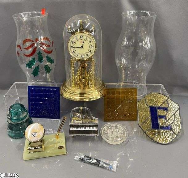 Kundo Dome Anniversary Clock, Glass Trivets, Scotto Onyx Pen Set, E Stained Glass Crest, Glass Insulator - 11" of clock image