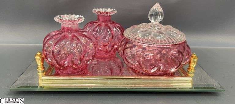 Pink Ruffled Glass Vanity Pieces and Small Mirrored Tray - 11" x 7" of tray image