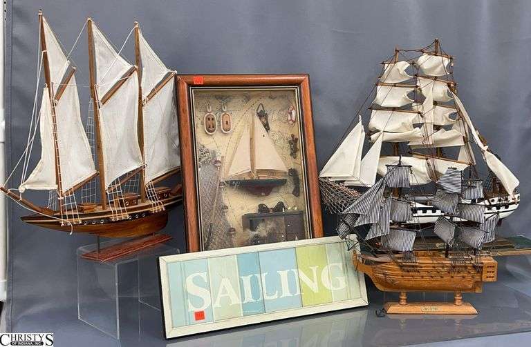 Model and Decor Ships, Some Damage and Wear, Framed Sail Boat and Other Decor image