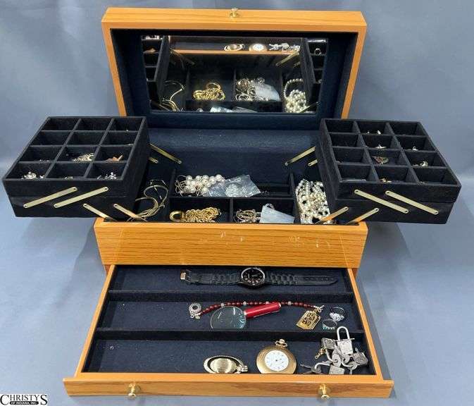 Oak Tone Jewelry Box and Assorted Ladies Costume Jewelry - Earrings, Necklaces, Watch, Misc - 14" x 8.5" x 6" image