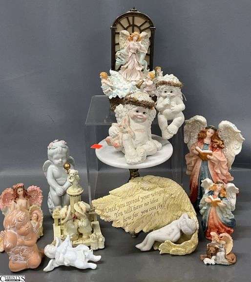 Angel Figurines, Small Marble Top Cherub Stand, Misc - 8" of tallest image
