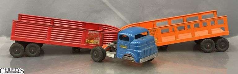 3pcs Structo Vintage Blue Semi Truck Missing Wheel 8.5", and 2 Trailers, Orange and Red 16" image