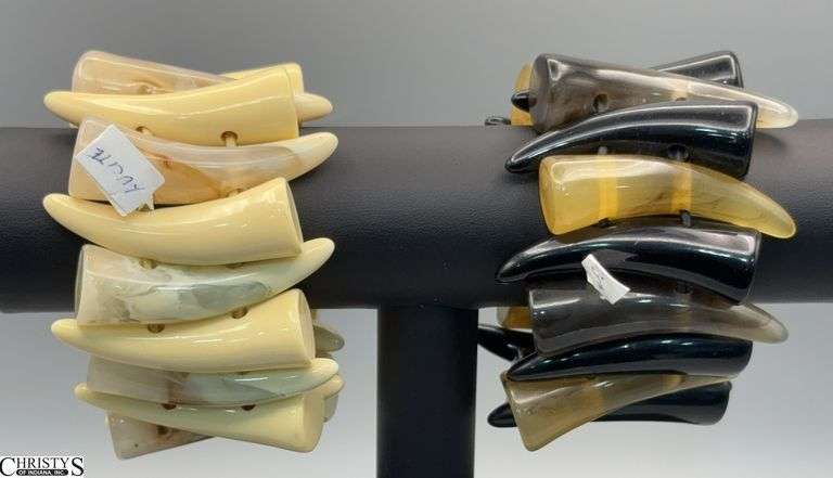 2 Tusk Beaded Elastic Bracelets, Opal and Cream Colors, and Black and Tan Horn Colors, 2" Beads image