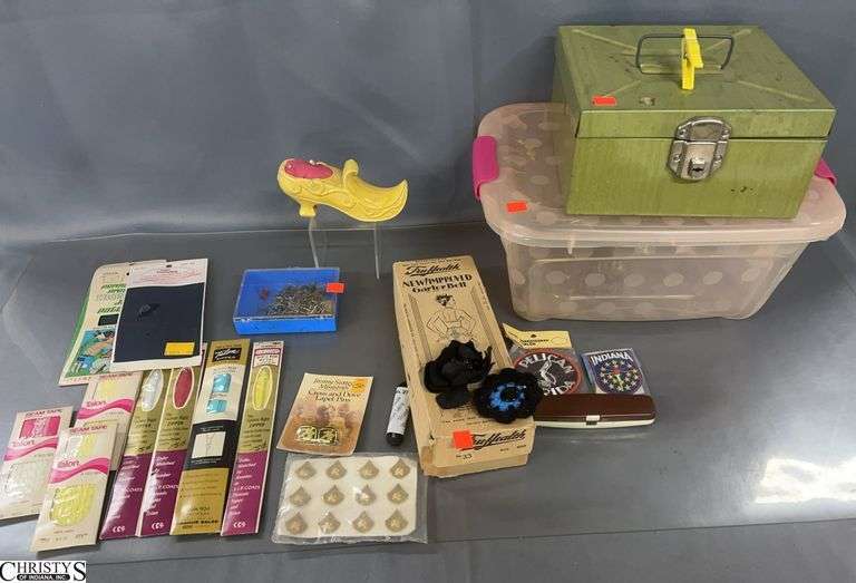 Sewing Notions, Small Metal Box and Plastic Tote - 16" x 7" of tote image