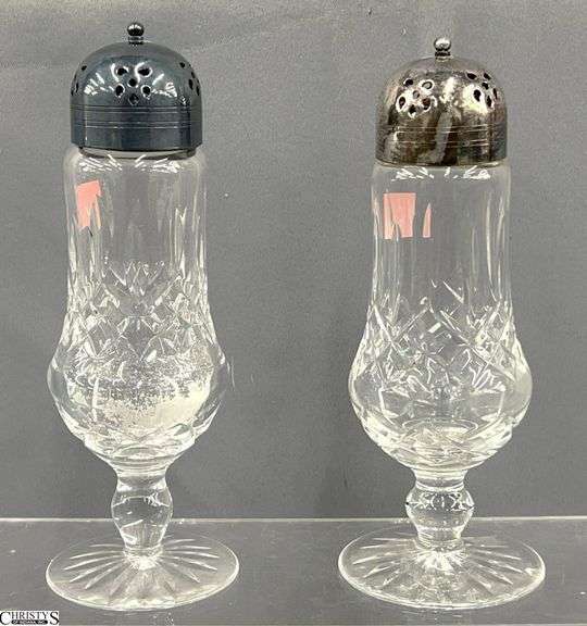 Pair of Waterford Shakers, Silver Plate Toppers 8" image