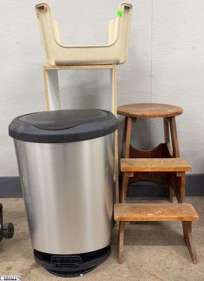 Small Pressed Wood Shelf, Wooden Stool, Plastic Step - 12" x 12" x 32" of shelf image