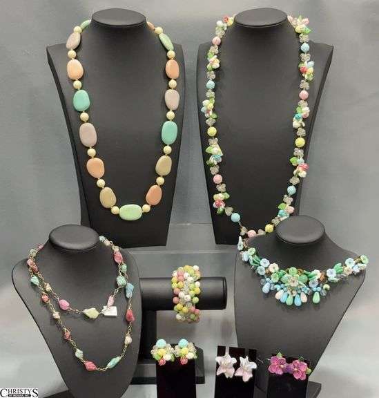 Pastel and Colorful Costume Necklaces, Marked West Germany Beaded Flower Necklace, Set, Bracelet, Other Beaded and Stone Pieces image