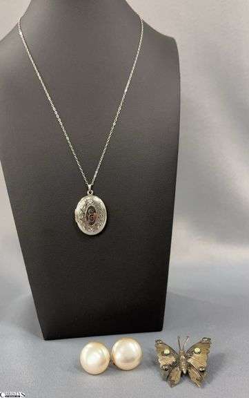 Sterling Silver Butterfly Brooch, Locket Pendant on Chain, Costume Earrings with Sterling Clips - 1.5" of brooch image