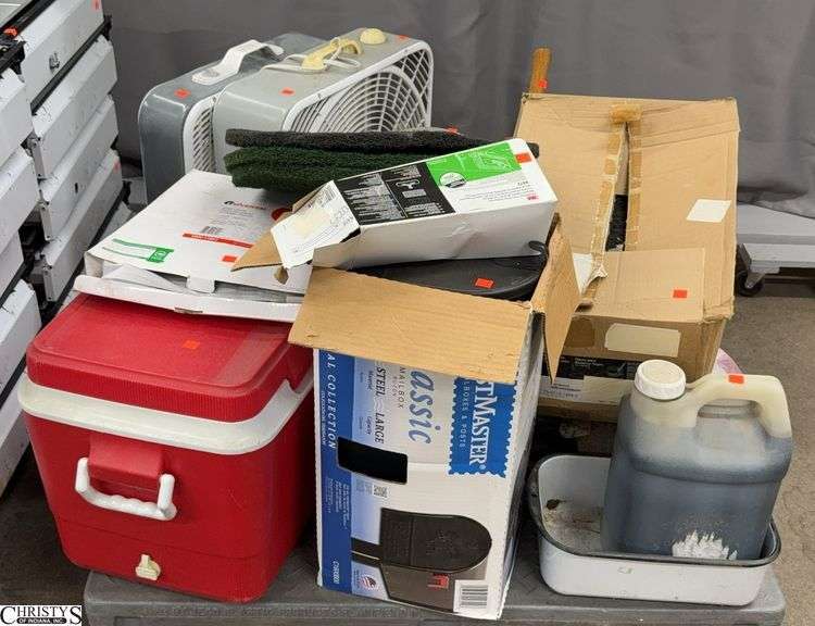 Skid of Garage Items -  Box Fans, Cooler, Mailbox, Oil, Long Handled Tools - SKID NOT INCLUDED image