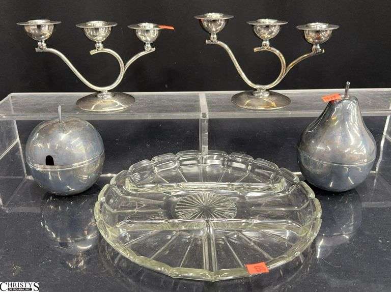 Silverplate Candlesticks, Apple & Pear Condiments, Glass Tray - Reed & Barton and Other - 10" of tray image
