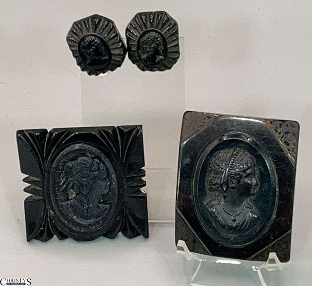 Bakelite Cameo Pins and Screw Back Earrings 2.25" image