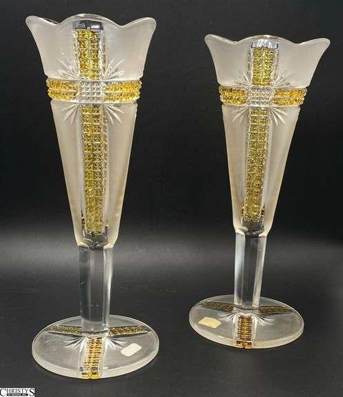 Pair EAPG Dalzell, Gilmore & Leighton Klondike Amberette Spill Vases - 10" of each image