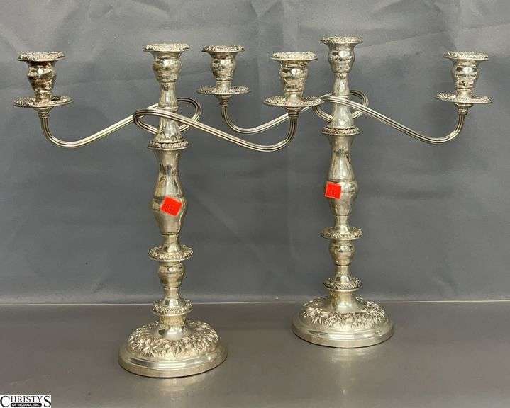 Pair of S. Kirk and Son Floral Repousse Sterling Weighted Candelabras 14" Wide x 14" Tall image