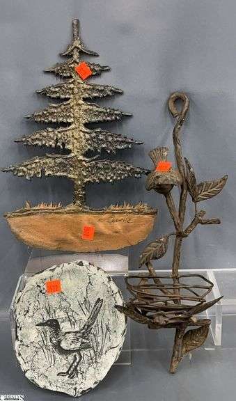 Bronze Signed Evergreen Wall Hanging, Rustic Bird Nest Candle Holder, Bird Decor image
